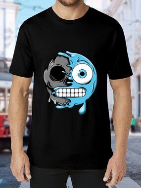 Black Short Sleeve Graphic Tee with Blue Drip Skull